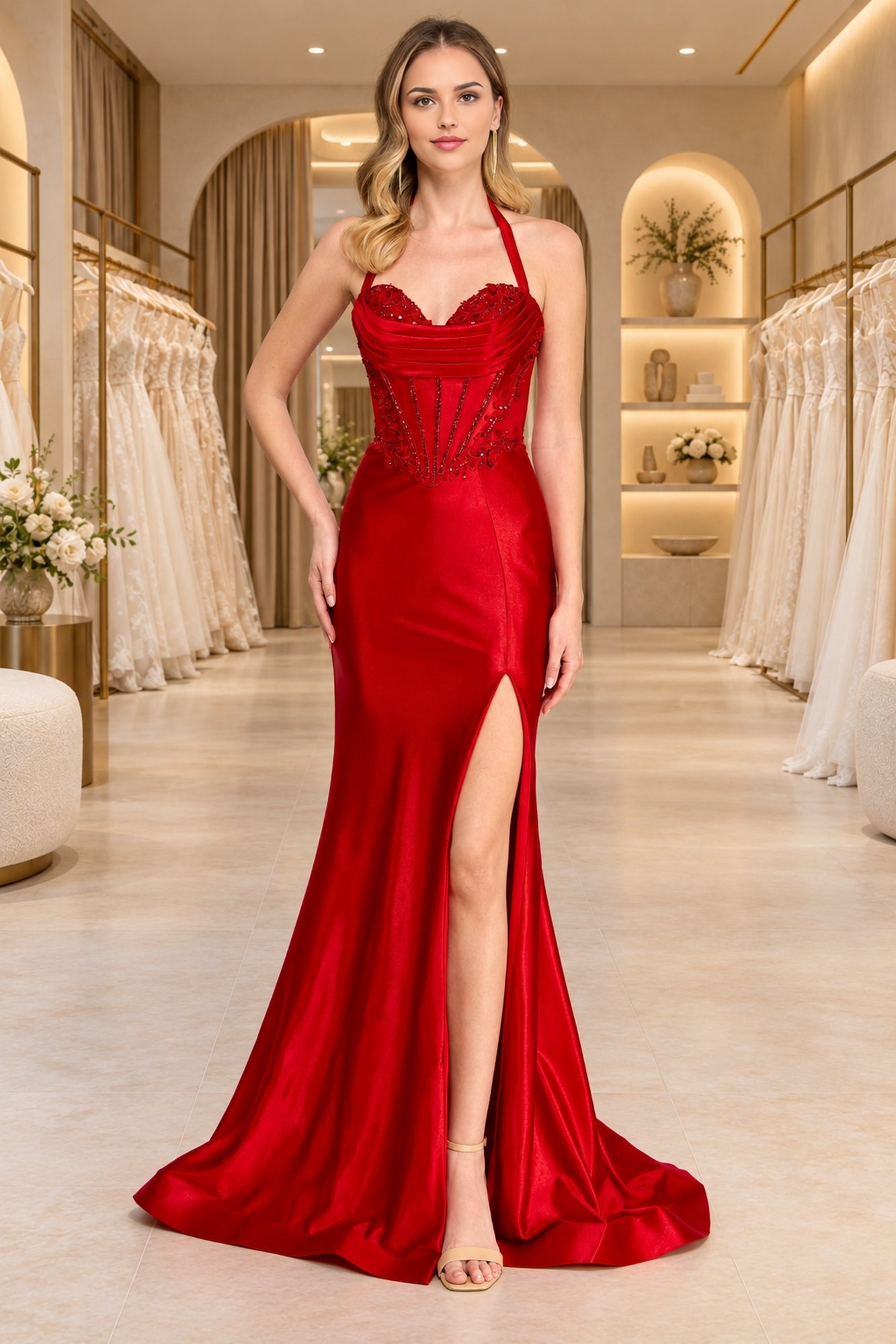 Amelia Couture 8096 long prom dress in red satin, featuring a floor-length silhouette, a sweetheart neckline, and a high side slit.
